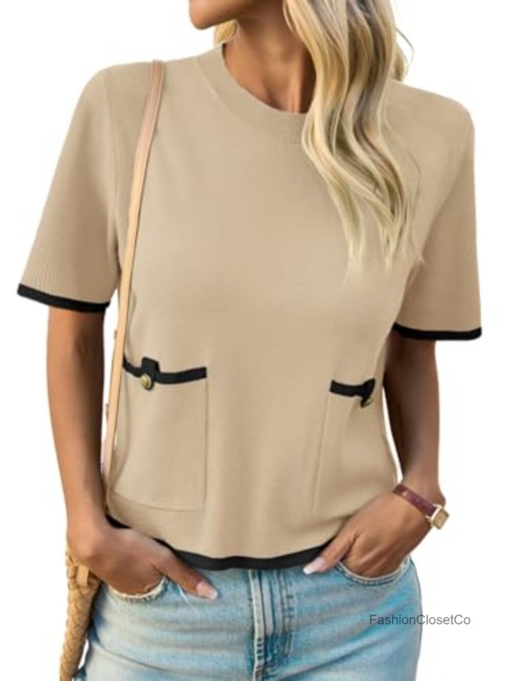 Saodimallsu Women's Short Sleeve Crew Neck Knit Sweater Contrast Trim Crop